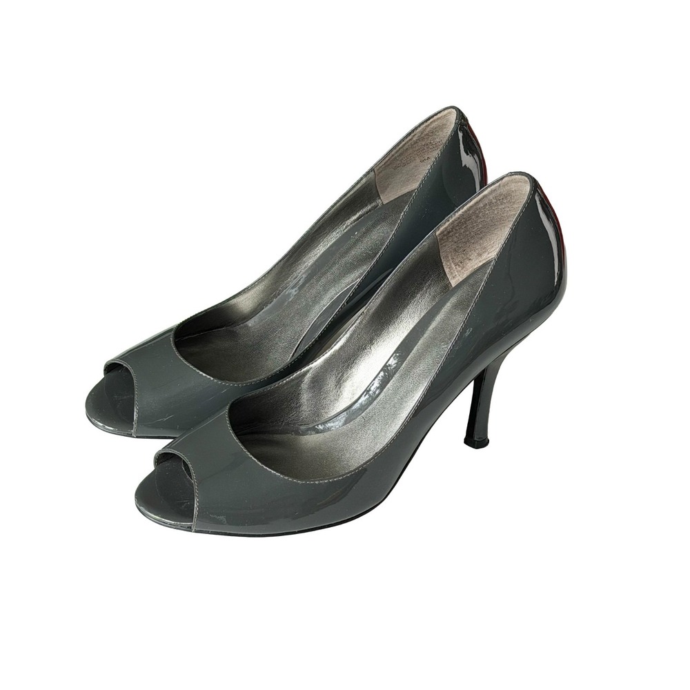 Nine West Grey Patent Leather Women's 9M Peep Toe Pumps Heels Workwear Office